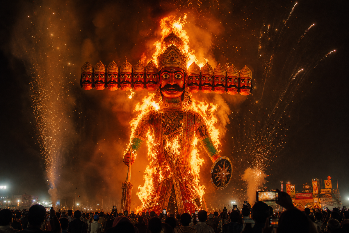 Ravan Dahan — burning of Ravana effigy on Dussehra 2026, symbolising victory of good over evil India