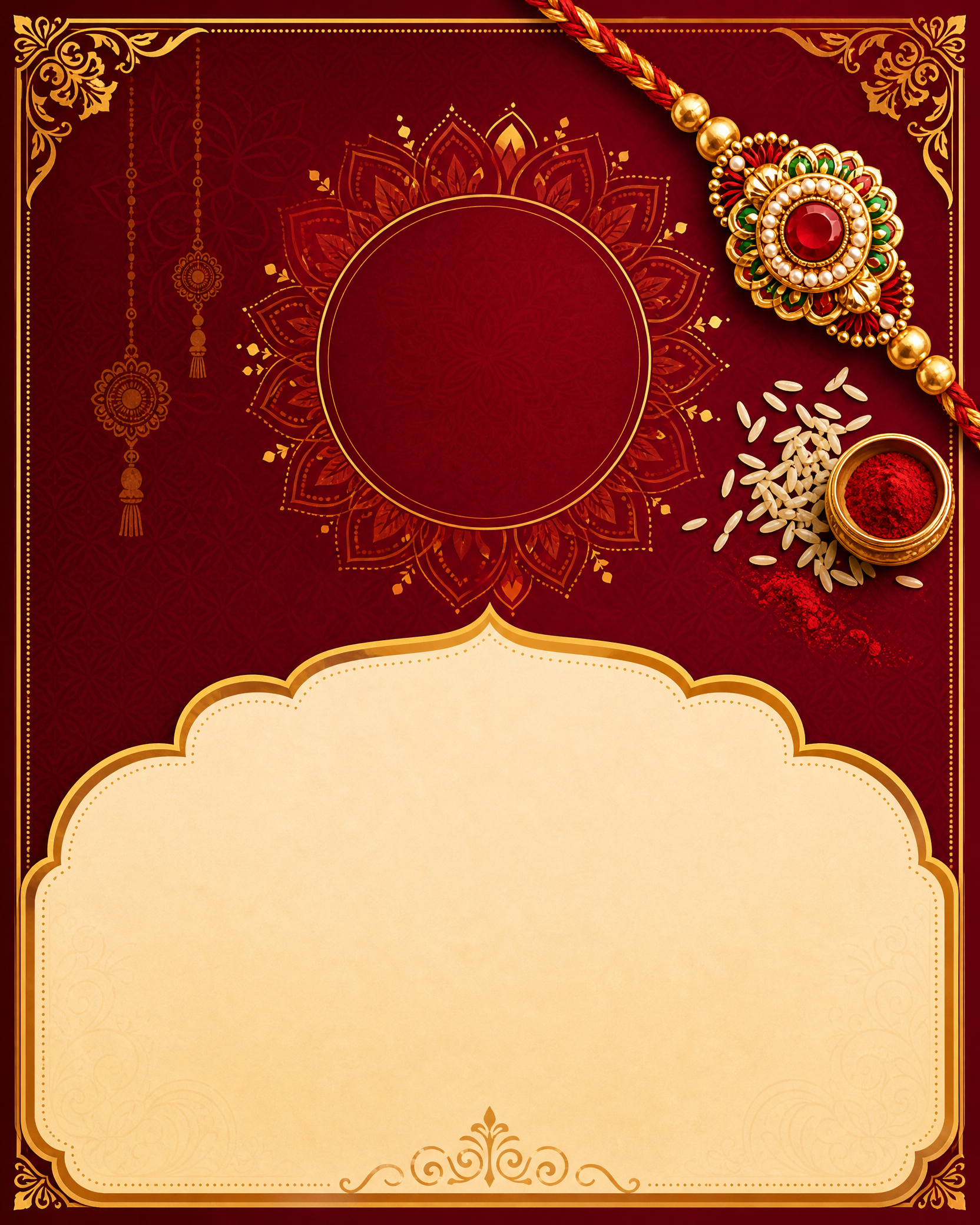 Sample Raksha Bandhan poster design, gold and crimson style