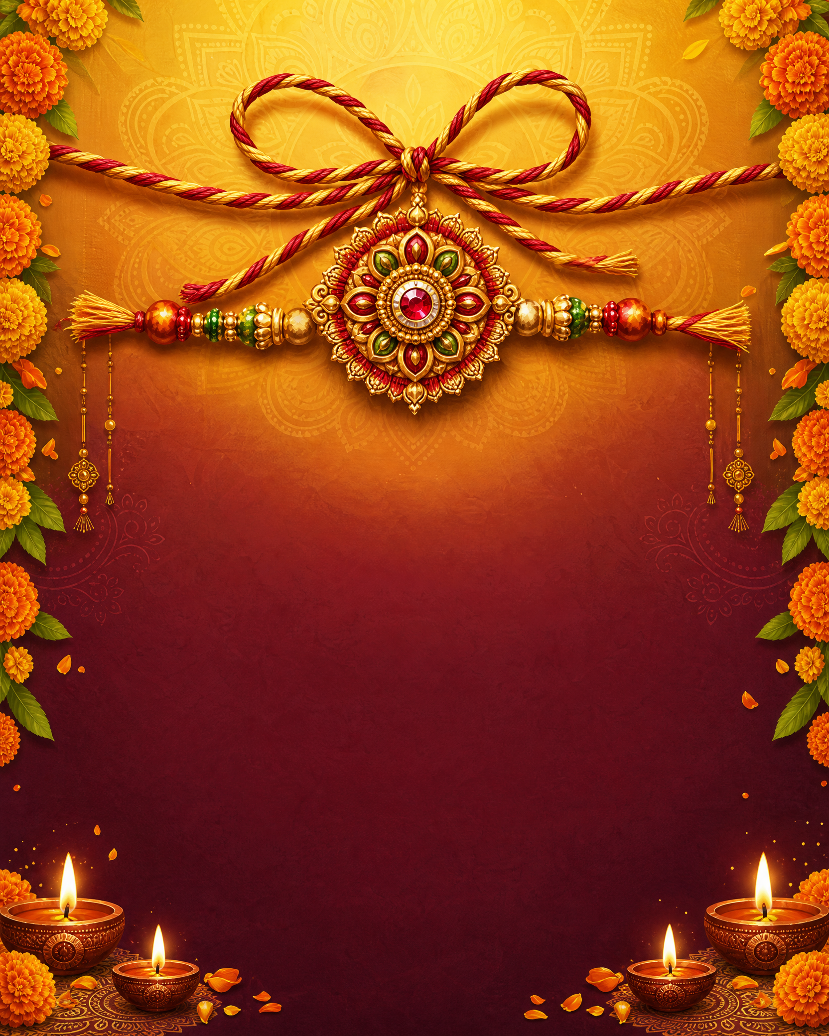 Sample Raksha Bandhan poster design, gold and maroon gradient style