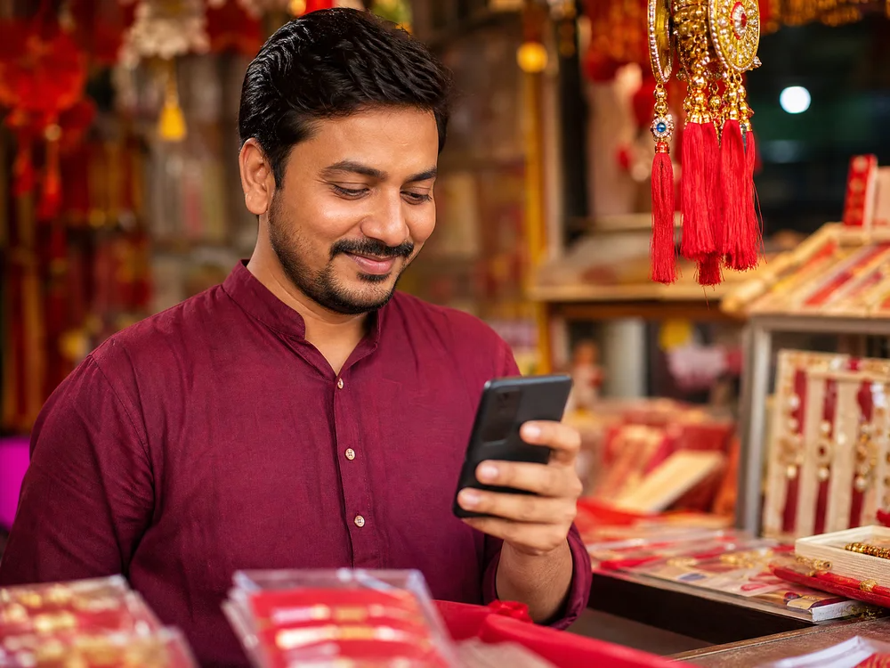 Shop owner viewing their festival poster on WhatsApp