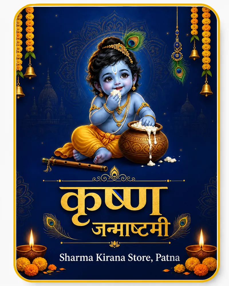 Sample Janmashtami poster design, blue and gold style